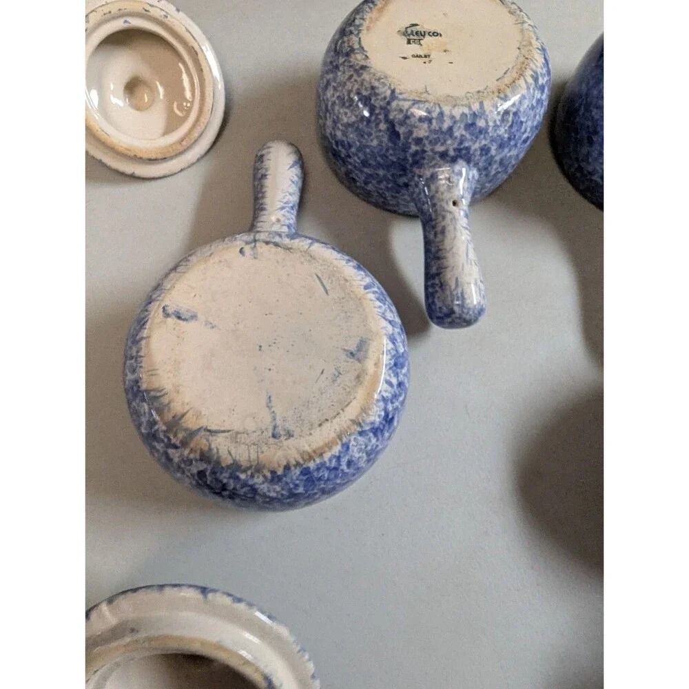 Vintage Bleu Co Gailst Blue Spongeware Lidded Soup Crocks - Set of 4 - Picture 15 of 15